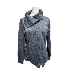 Eddie Bauer Cowl Neck Asymmetrical Jacket Size Medium Blue Knit Snap Up Pockets